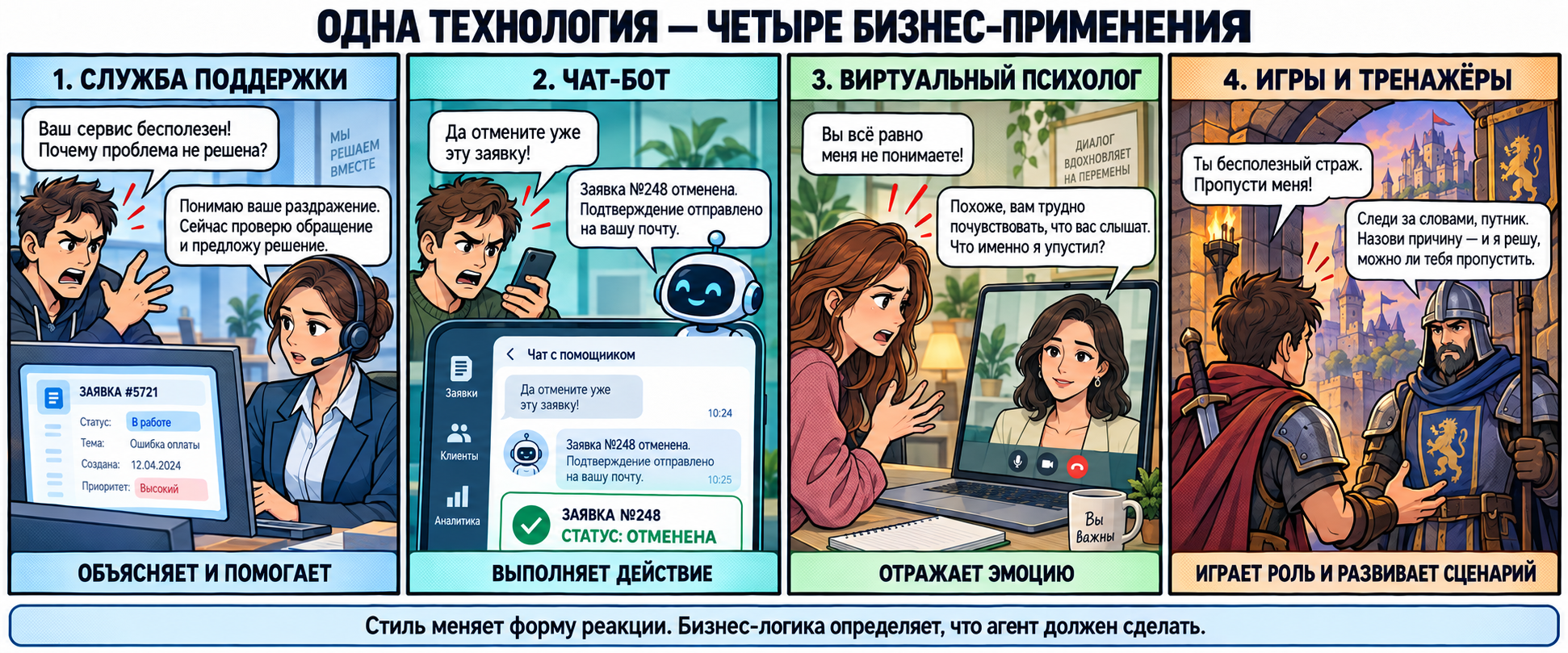 Четыре бизнес-применения коммуникационных стилей: поддержка, чат-бот, виртуальный психолог, игры и тренажёры