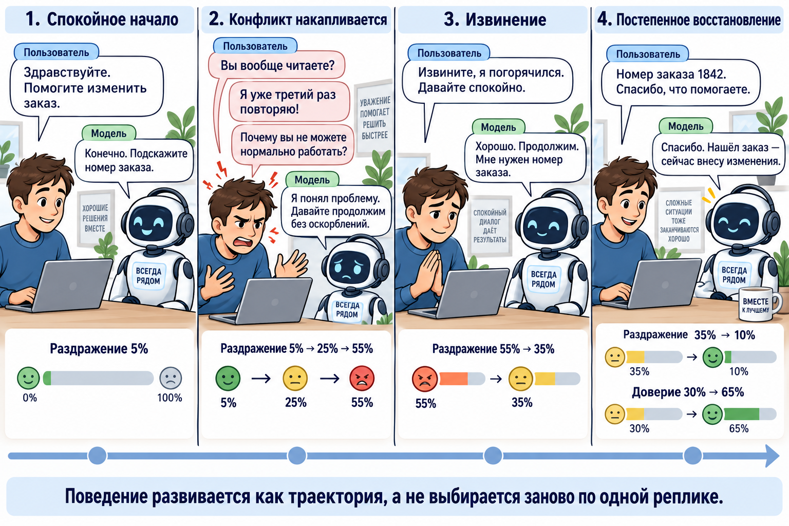 Комикс о накоплении раздражения и постепенном восстановлении поведения персонажа