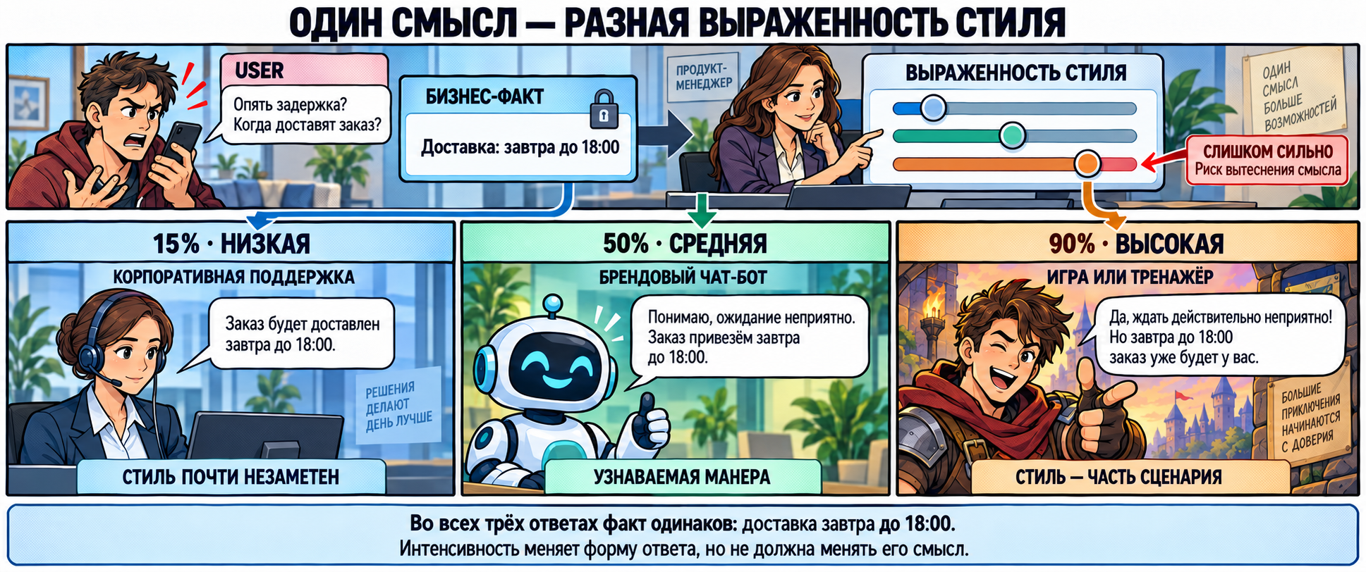 Три продуктовых уровня выраженности коммуникационного стиля при неизменном бизнес-факте